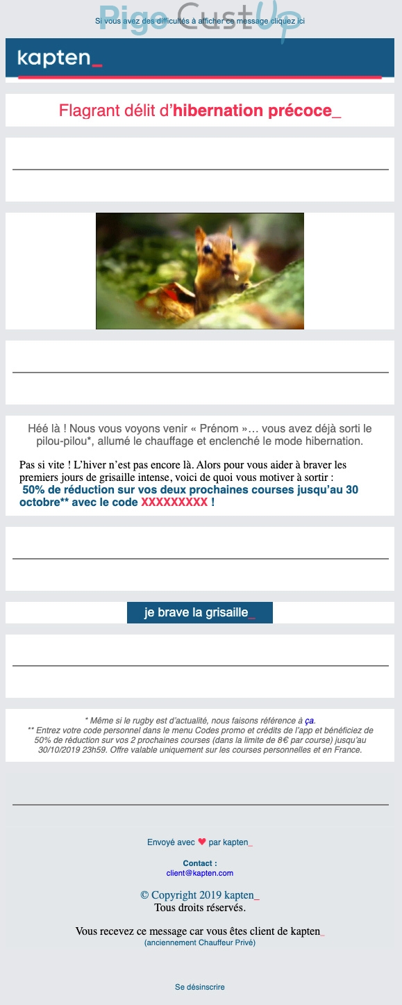 Exemple de Type de media  e-mailing - Kapten - Marketing fidélisation - Incitation au réachat - Marketing Acquisition - Relance inactifs - Ventes flash, soldes, demarque, promo, réduction