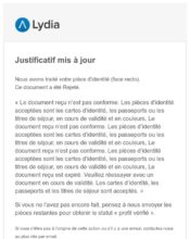 e-mailing - Transactionnels - Justificatifs : document rejeté - Lydia - 12/2019