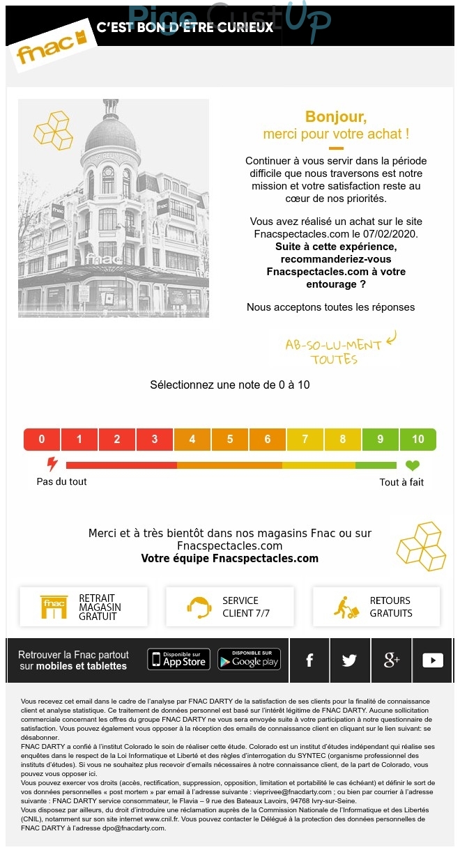 Exemple de Type de media  e-mailing - Fnac - Enquêtes Clients - NPS / Avis clients