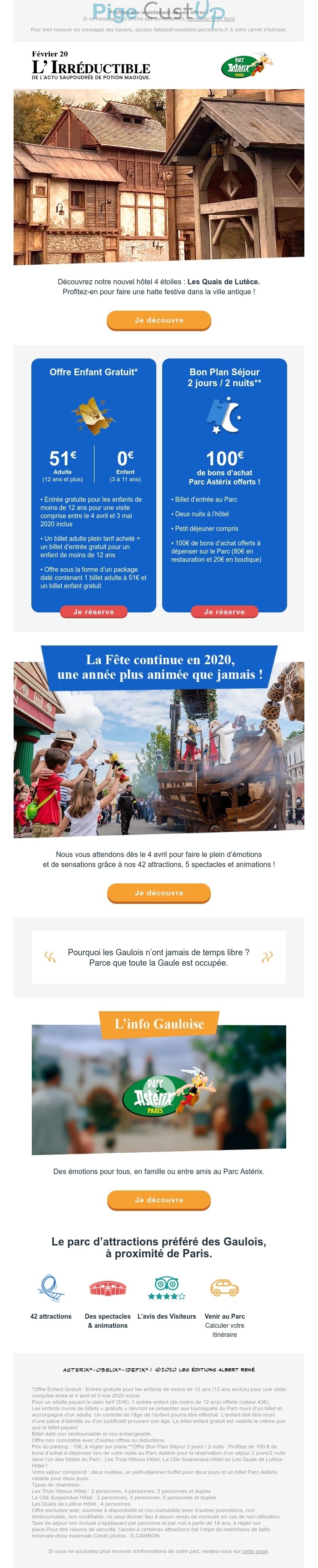 Exemple de Type de media  e-mailing - Parc Astérix - Marketing marque - Communication Produits - Nouveaux produits - Marketing Acquisition - Ventes flash, soldes, demarque, promo, réduction - Marketing relationnel - Newsletter