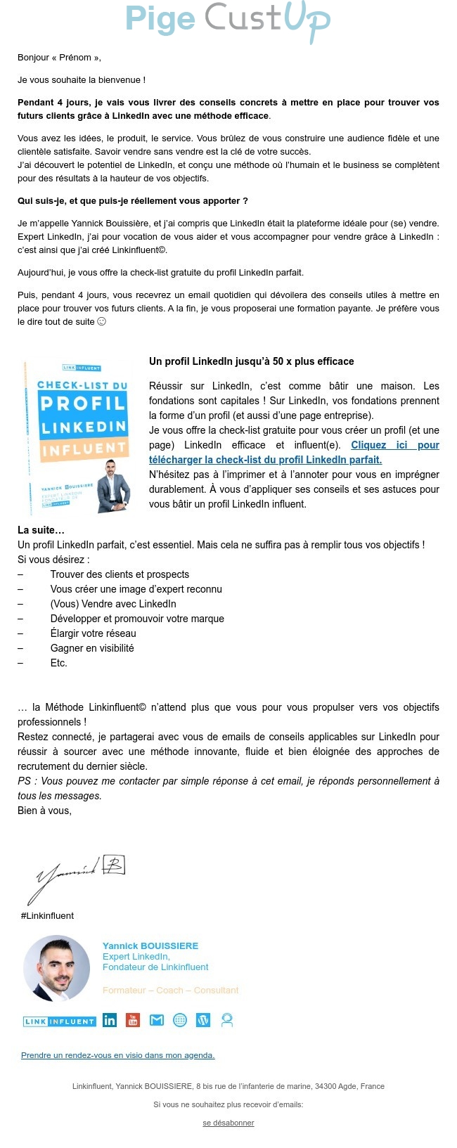 Exemple de Type de media  e-mailing - Linkinfluent - Marketing relationnel - Bienvenue - Welcome - Marketing Acquisition - Gratuit - Cadeau