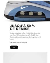 e-mailing - Marketing marque - Communication Produits - Nouveaux produits - Marketing fidélisation - Incitation au réachat - Marketing Acquisition - Ventes flash, soldes, demarque, promo, réduction - Nike - 04/2020