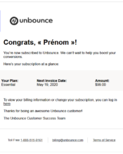 e-mailing - Transactionnels - Confirmation abonnement - Unbounce - 05/2020