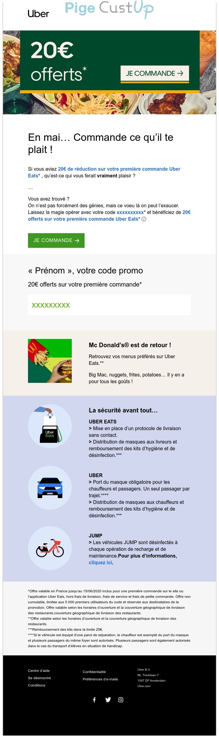 Exemple de Type de media  e-mailing - Uber - Marketing fidélisation - Incitation au réachat - Marketing Acquisition - Ventes flash, soldes, demarque, promo, réduction