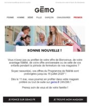 e-mailing - Marketing fidélisation - Animation / Vie du Programme de Fidélité - Incitation au réachat - Marketing Acquisition - Ventes flash, soldes, demarque, promo, réduction - Gémo - 05/2020