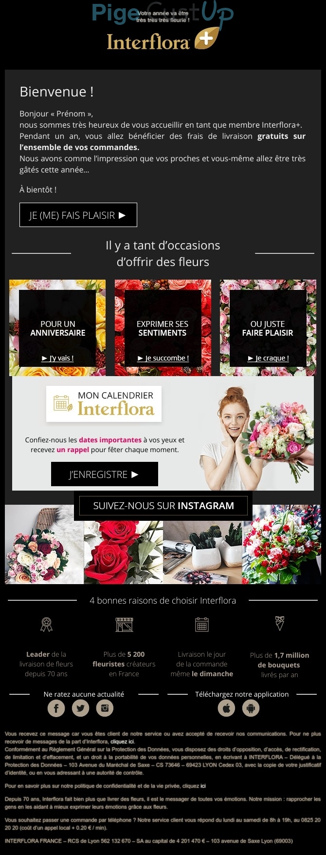 Exemple de Type de media  e-mailing - Interflora - Marketing relationnel - Bienvenue - Welcome - Marketing fidélisation - Début / Fin du Programme de Fidélité