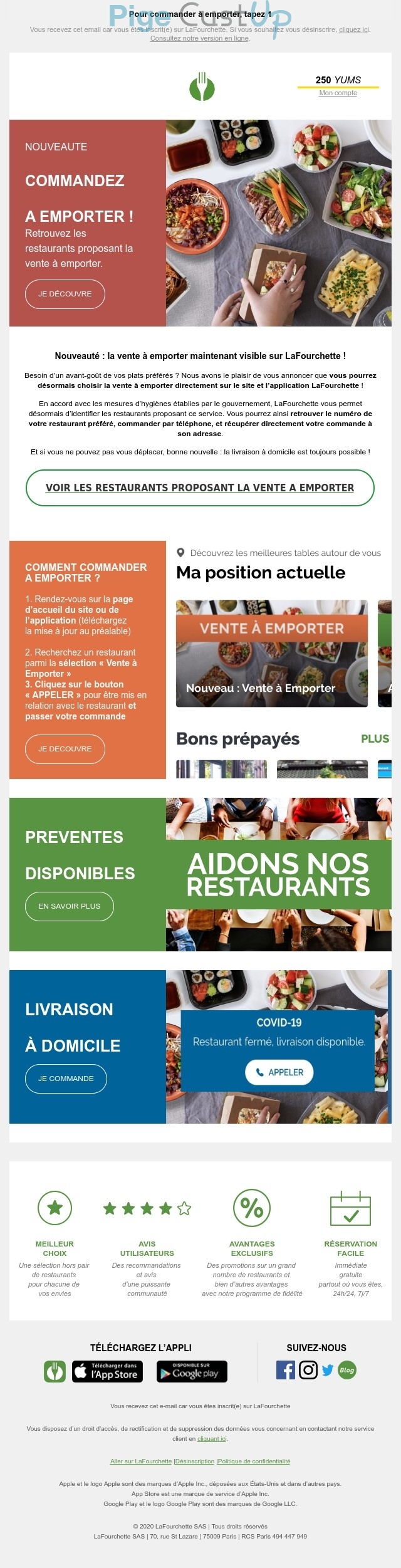 Exemple de Type de media  e-mailing - Lafourchette - Marketing marque - Communication Produits - Nouveaux produits - Communication Services - Nouveaux Services - Marketing fidélisation - Incitation au réachat - Points et statut