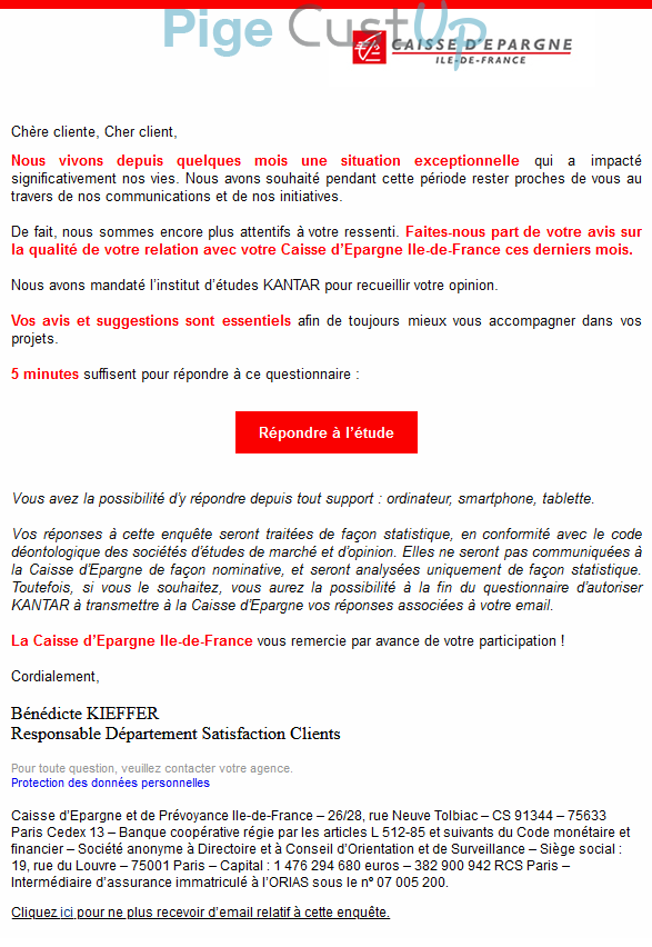 Exemple de Type de media  e-mailing - Caisse d'epargne - Enquêtes Clients - NPS / Avis clients