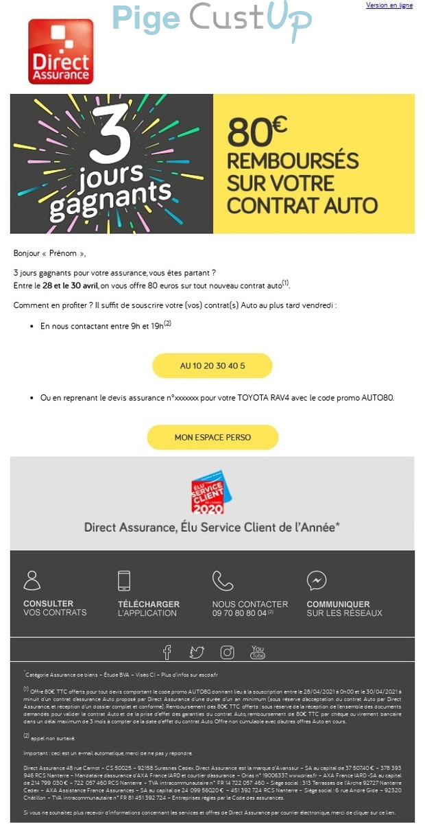 Exemple de Type de media  e-mailing - Direct Assurance - Collecte de données - Acquisition de leads - Marketing Acquisition - Ventes flash, soldes, demarque, promo, réduction