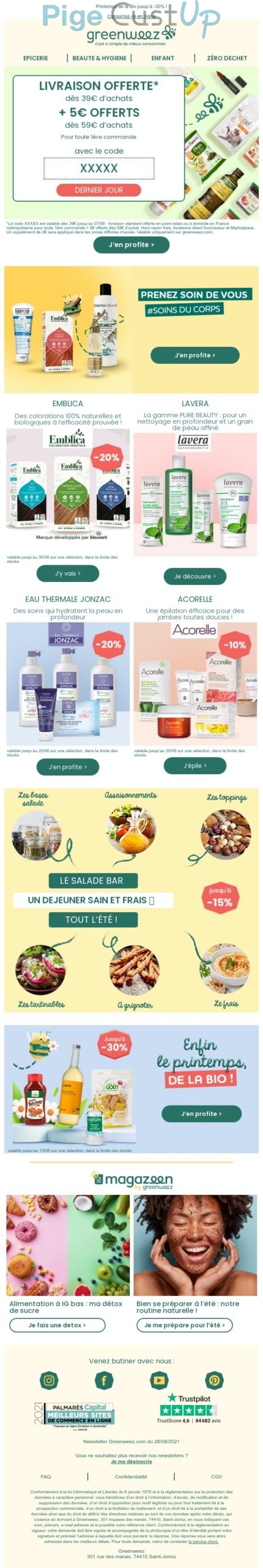 Exemple de Type de media  e-mailing - Greenweez - Marketing marque - Communication Produits - Nouveaux produits - Marketing Acquisition - Derniers jours - Ventes flash, soldes, demarque, promo, réduction - Marketing fidélisation - Incitation au réachat