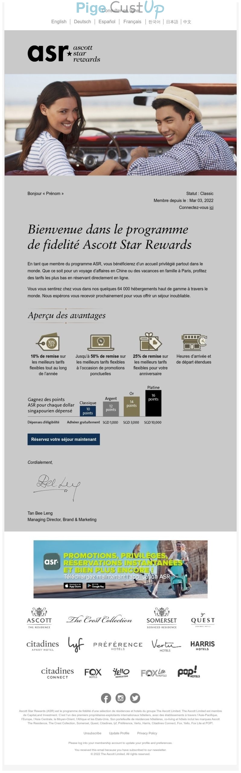 Exemple de Type de media  e-mailing - Ascott Star Rewards - Marketing relationnel - Bienvenue - Welcome - Marketing fidélisation - Début / Fin du Programme de Fidélité