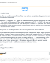 e-mailing - Service Clients - Modification tarifs abonnements - Amazon - 07/2022