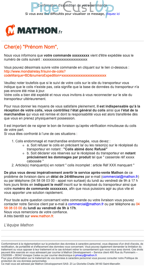 Exemple de Type de media  e-mailing - Mathon - Transactionnels - Suivi de commande Expédition / Livraison