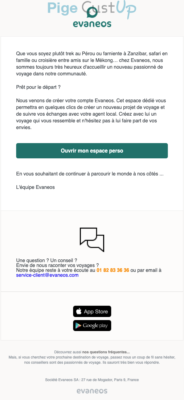 Exemple de Type de media  e-mailing - Evaneos - Transactionnels - Confirmation Création de Compte