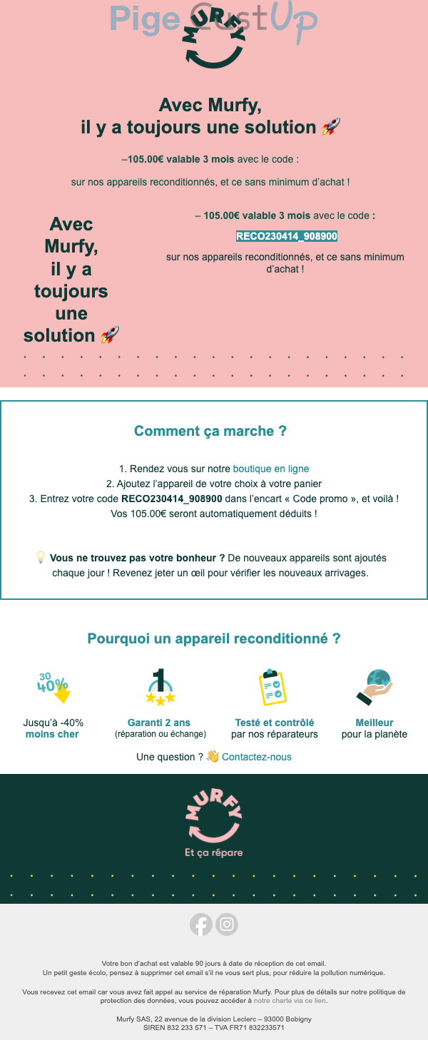 Exemple de Type de media  e-mailing - Murfy - Marketing Acquisition - Ventes flash, soldes, demarque, promo, réduction