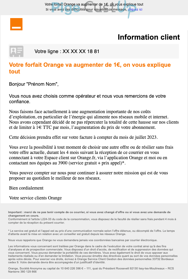 Exemple de Type de media  e-mailing - Orange - Service Clients - Modification tarifs abonnements