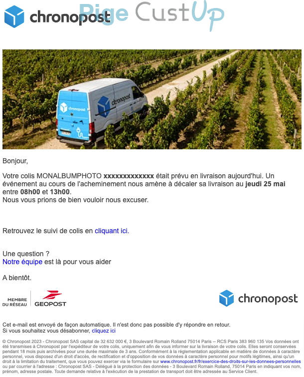 Exemple de Type de media  e-mailing - Chronopost - Erratum & Oups - Transactionnels - Suivi de commande Expédition / Livraison