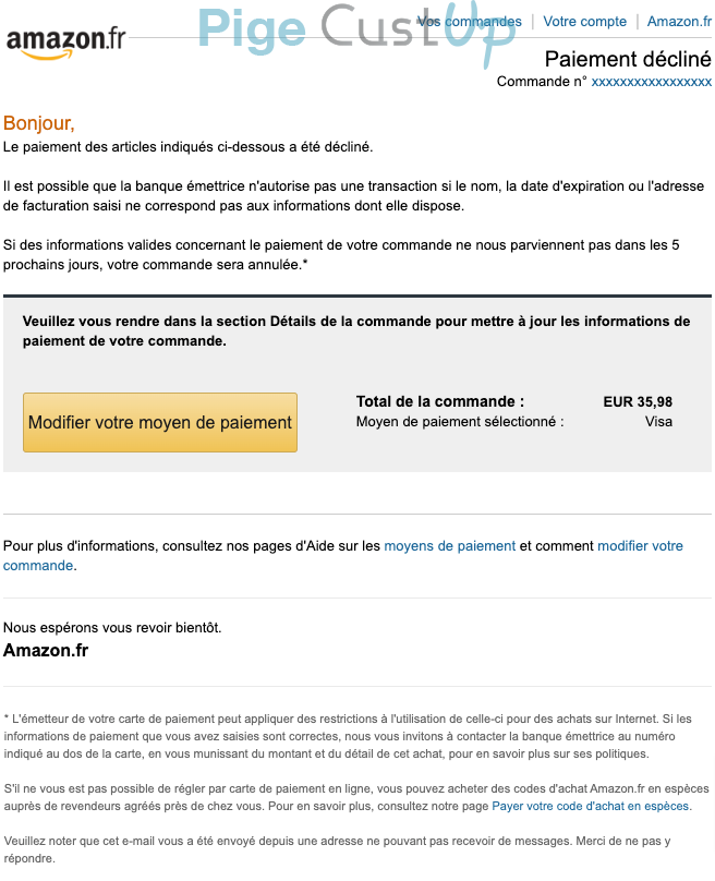 Exemple de Type de media  e-mailing - Amazon - Transactionnels - Échec de paiement