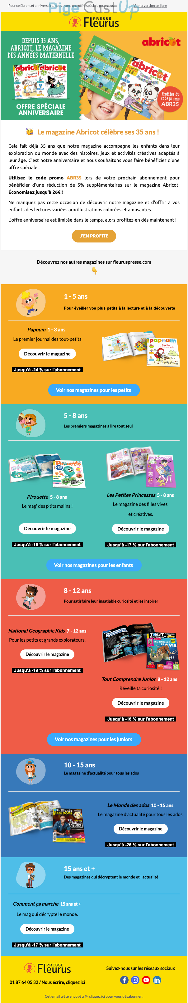 Exemple de Type de media  e-mailing - Fleurus Presse - Marketing Acquisition - Acquisition abonnements - Marketing marque - Anniversaire marque