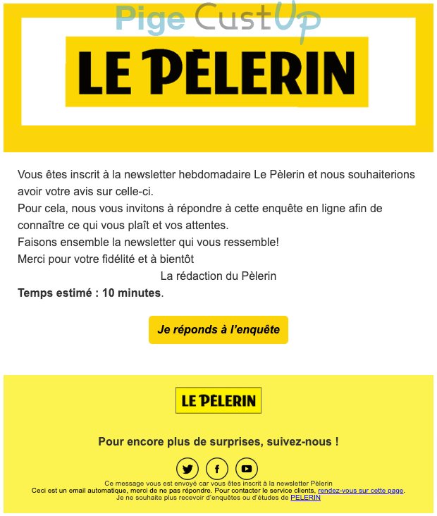 Exemple de Type de media  e-mailing - Le Pelerin - Enquêtes Clients - NPS / Avis clients