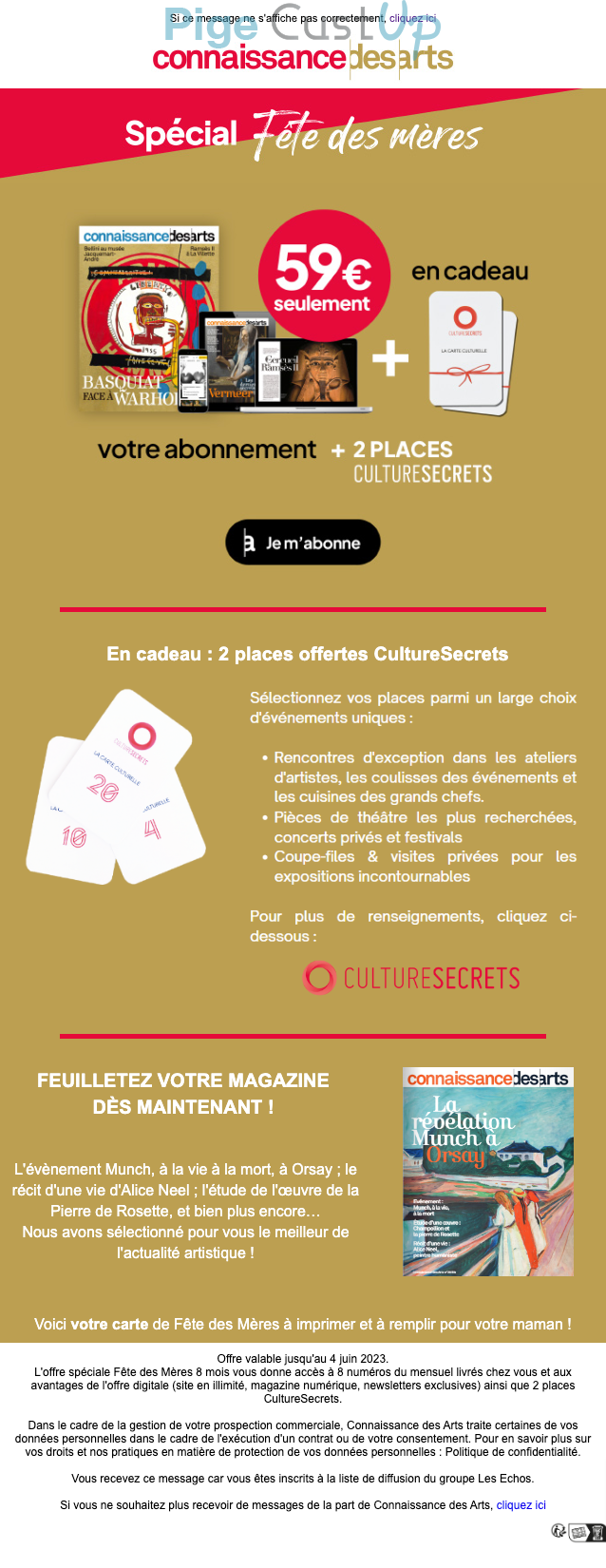 Exemple de Type de media  e-mailing - Connaissance des arts - Marketing Acquisition - Acquisition abonnements - Derniers jours - Marketing relationnel - Calendaire (Noël, St valentin, Vœux, …)