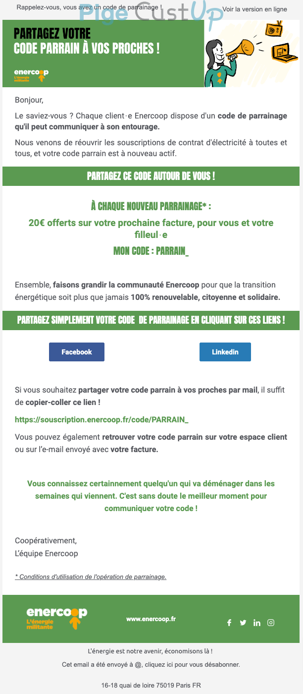 Exemple de Type de media  e-mailing - Enercoop - Marketing Acquisition - Parrainage