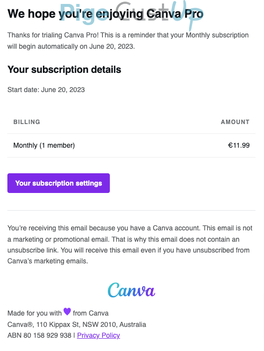 Exemple de Type de media  e-mailing - Canva - Marketing Acquisition - Acquisition abonnements - Fin période d'essai