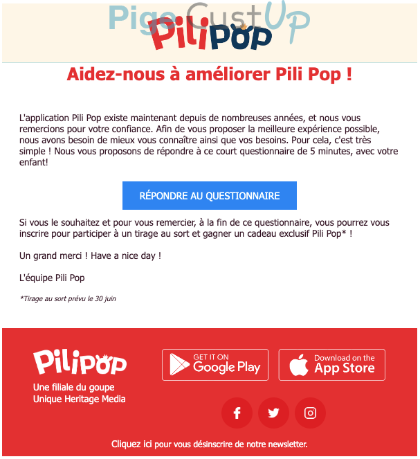 Exemple de Type de media  e-mailing - Pili Pop - Enquêtes Clients - NPS / Avis clients