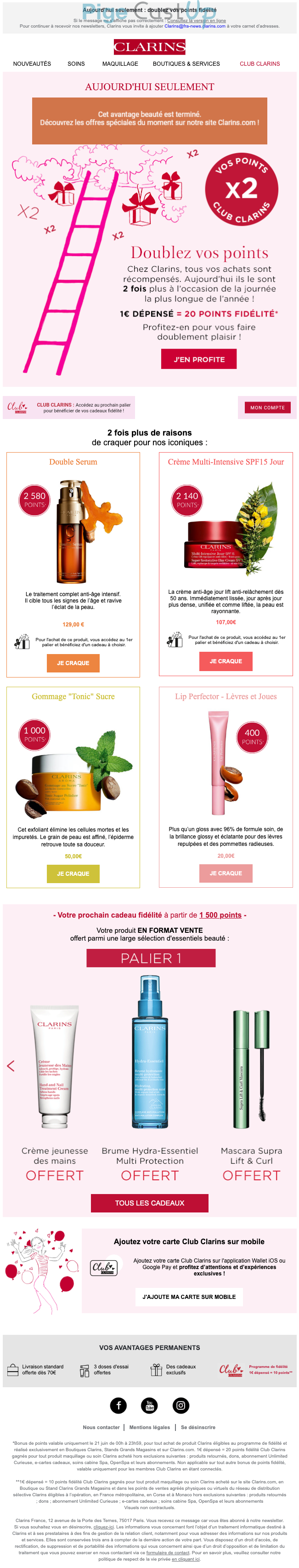 Exemple de Type de media  e-mailing - Clarins - Marketing fidélisation - Animation / Vie du Programme de Fidélité