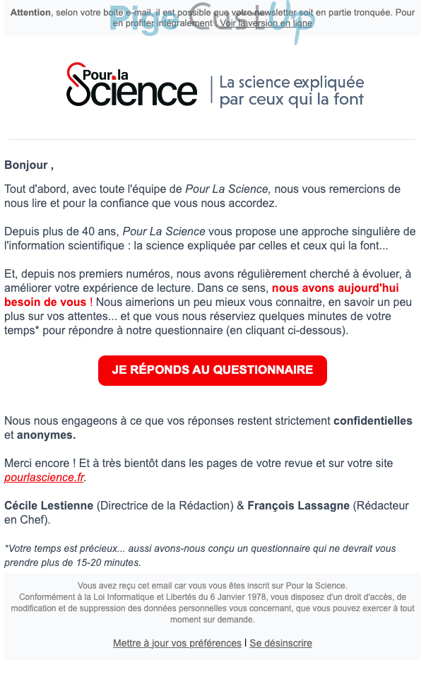 Exemple de Type de media  e-mailing - Pour la Science - Enquêtes Clients - NPS / Avis clients