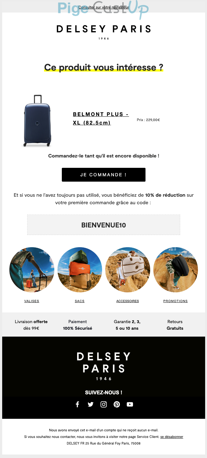 Exemple de Type de media  e-mailing - Delsey Paris - Marketing Acquisition - Relance page vu