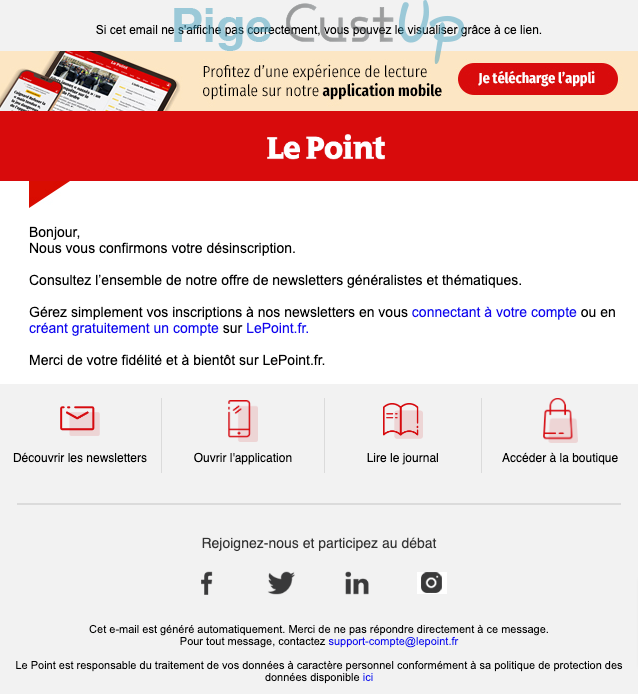 Exemple de Type de media  e-mailing - Le Point - Transactionnels - Confirmation désabonnement Newsletters