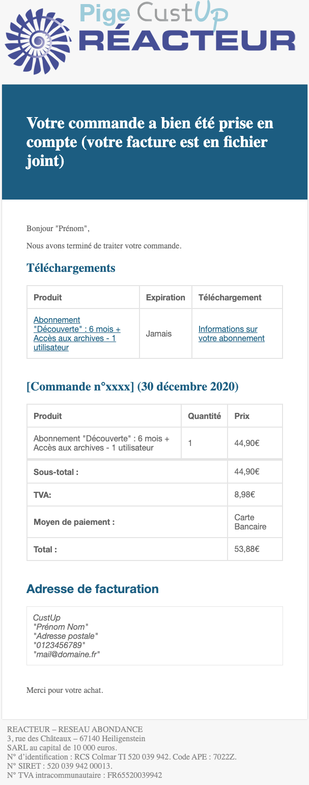 Exemple de Type de media  e-mailing - Réacteur - Transactionnels - Confirmation abonnement