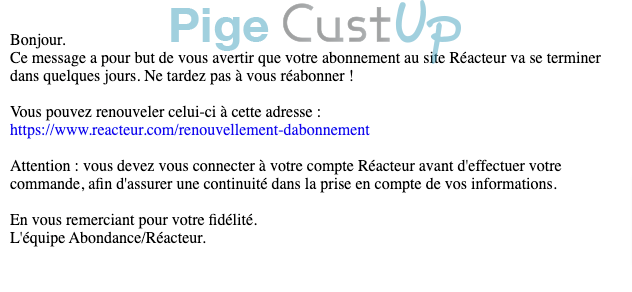 Exemple de Type de media  e-mailing - Réacteur - Marketing relationnel - Alerting - Marketing fidélisation - Renouvellement abonnement