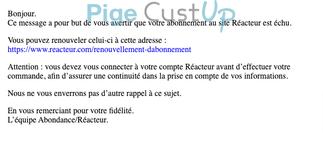 Exemple de Type de media  e-mailing - Réacteur - Marketing fidélisation - Renouvellement abonnement