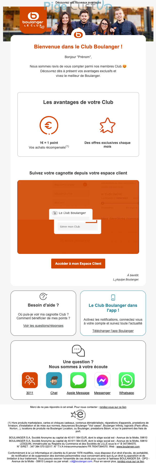 Exemple de Type de media  e-mailing - Boulanger - Marketing relationnel - Bienvenue - Welcome - Marketing fidélisation - Début / Fin du Programme de Fidélité