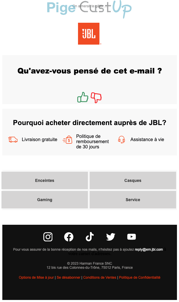 Exemple de Type de media  e-mailing - JBL - Marketing relationnel - Anniversaire / Fête contact - Collecte de données - Enrichissement données clients