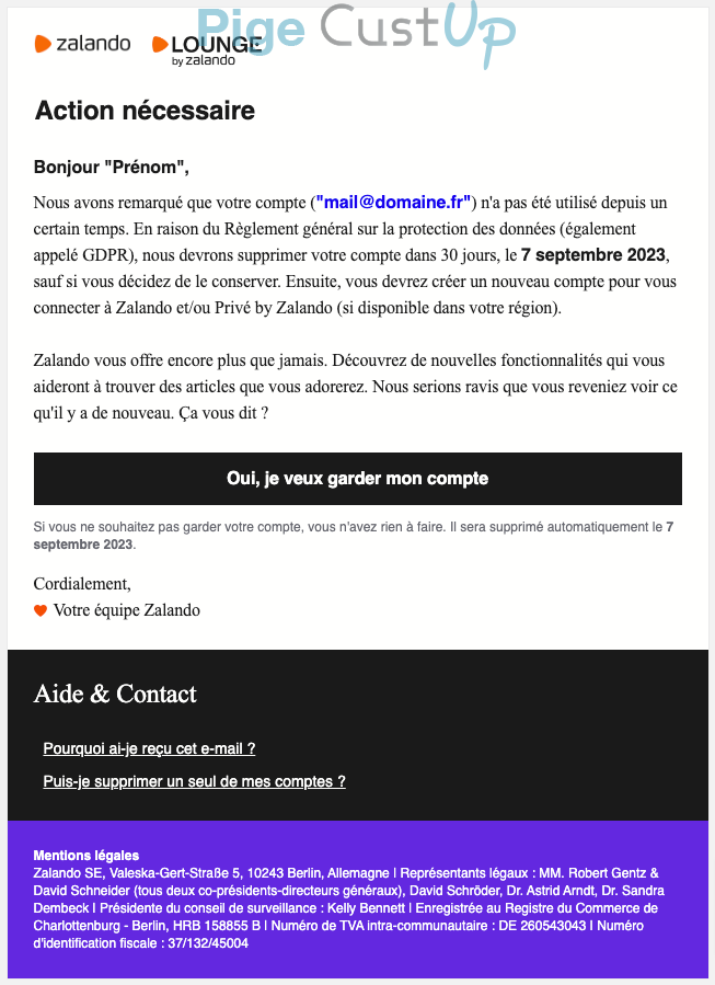 Exemple de Type de media  e-mailing - Zalando - Marketing relationnel - Données clients / RGPD