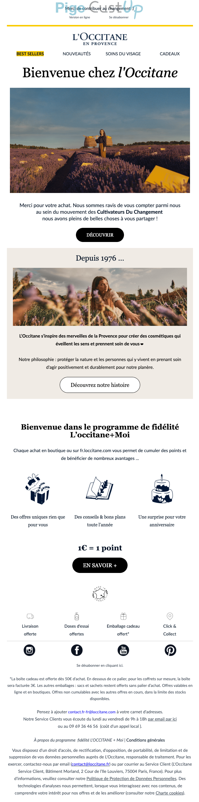 Exemple de Type de media  e-mailing - L'Occitane - Marketing relationnel - Bienvenue - Welcome - Marketing fidélisation - Début / Fin du Programme de Fidélité