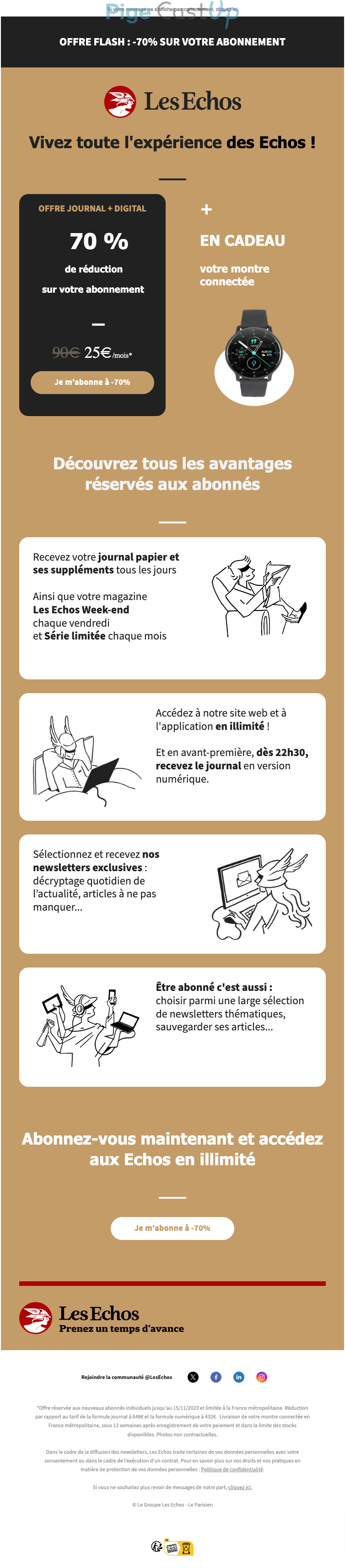 Exemple de Type de media  e-mailing - Les Echos - Marketing Acquisition - Acquisition abonnements - Ventes flash, soldes, demarque, promo, réduction