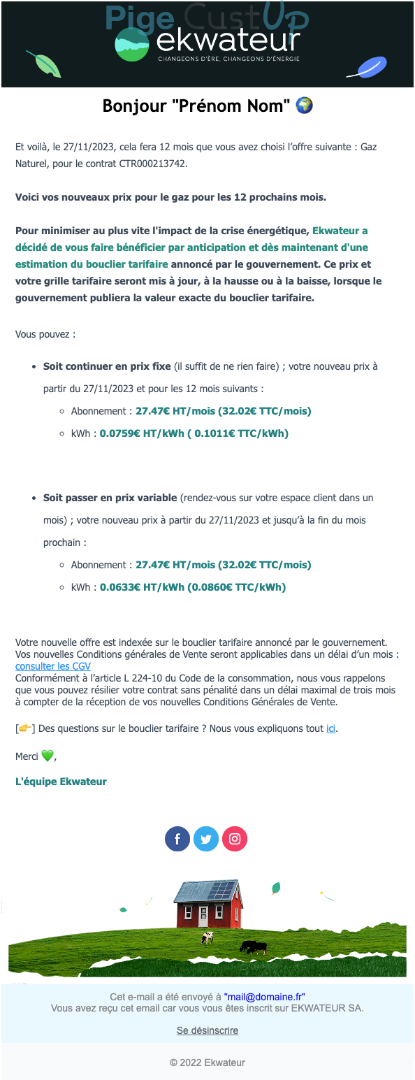 Exemple de Type de media  e-mailing - Ekwateur - Marketing fidélisation - Renouvellement abonnement