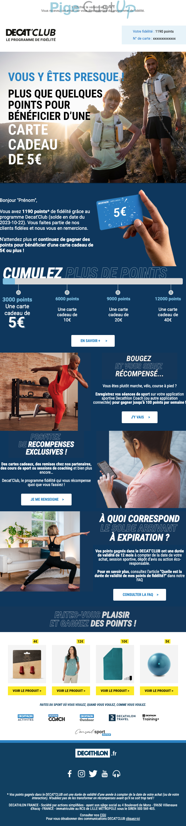 Exemple de Type de media  e-mailing - Décathlon - Marketing fidélisation - Animation / Vie du Programme de Fidélité - Incitation au réachat - Points et statut