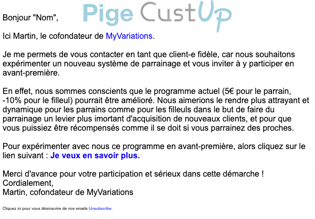 Exemple de Type de media  e-mailing - Myvariations.com - Marketing Acquisition - Parrainage