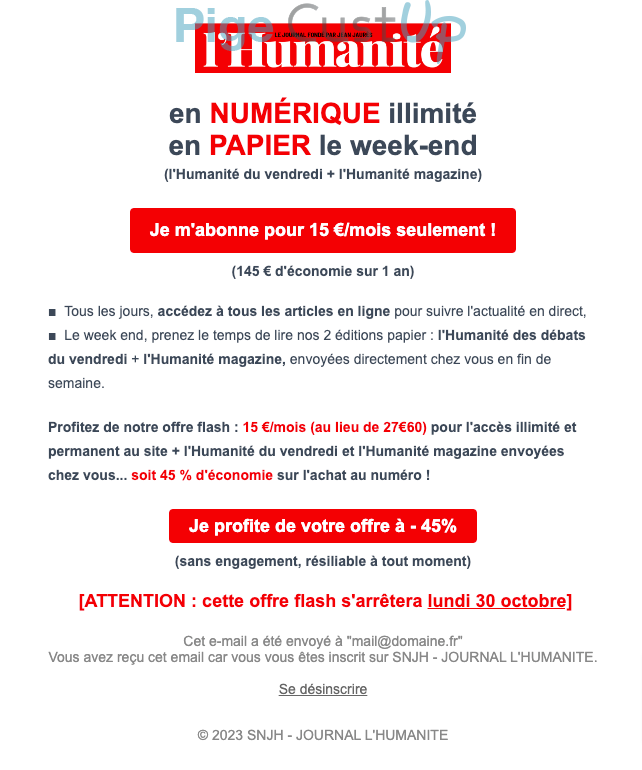 Exemple de Type de media  e-mailing - l'Humanité - Marketing Acquisition - Acquisition abonnements - Ventes flash, soldes, demarque, promo, réduction