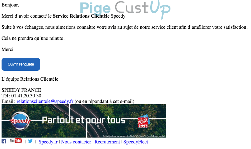 Exemple de Type de media  e-mailing - Speedy - Enquêtes Clients - NPS / Avis clients