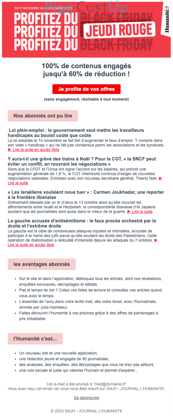 Exemple de Type de media  e-mailing - l'Humanité - Marketing Acquisition - Acquisition abonnements - Promotion à l'occasion d'un événement