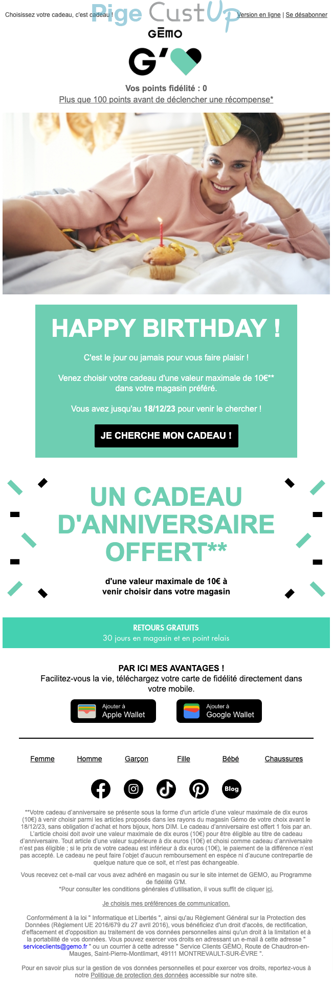 Exemple de Type de media  e-mailing - Gémo - Marketing relationnel - Anniversaire / Fête contact