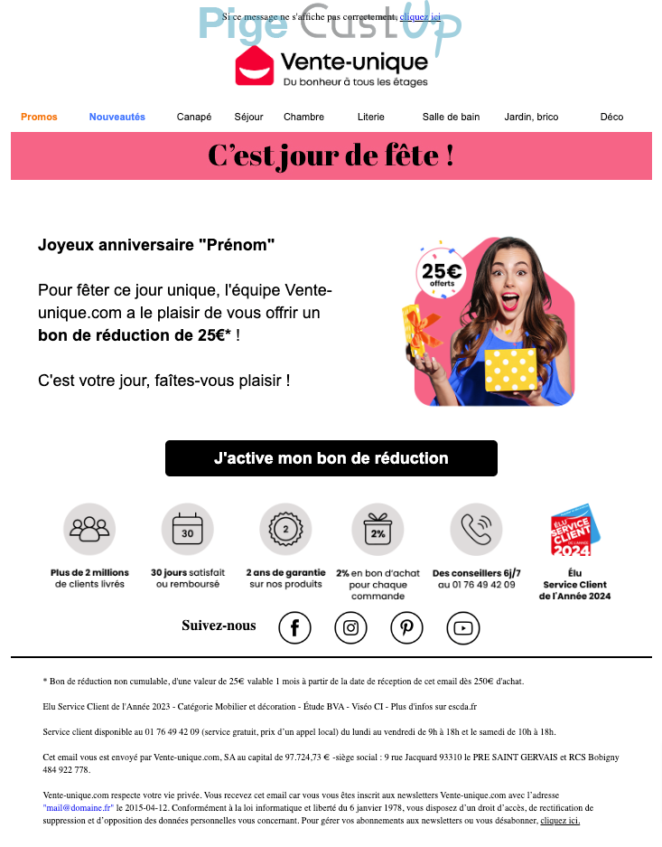 Exemple de Type de media  e-mailing - Vente-unique - Marketing relationnel - Anniversaire / Fête contact