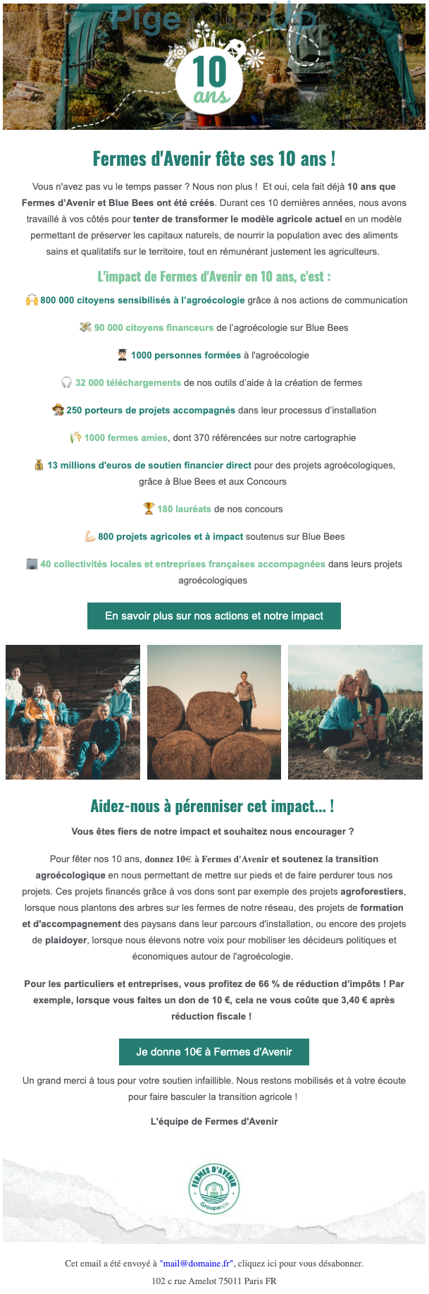 Exemple de Type de media  e-mailing - Fermes d'Avenir - Marketing Acquisition - Anniversaire marque