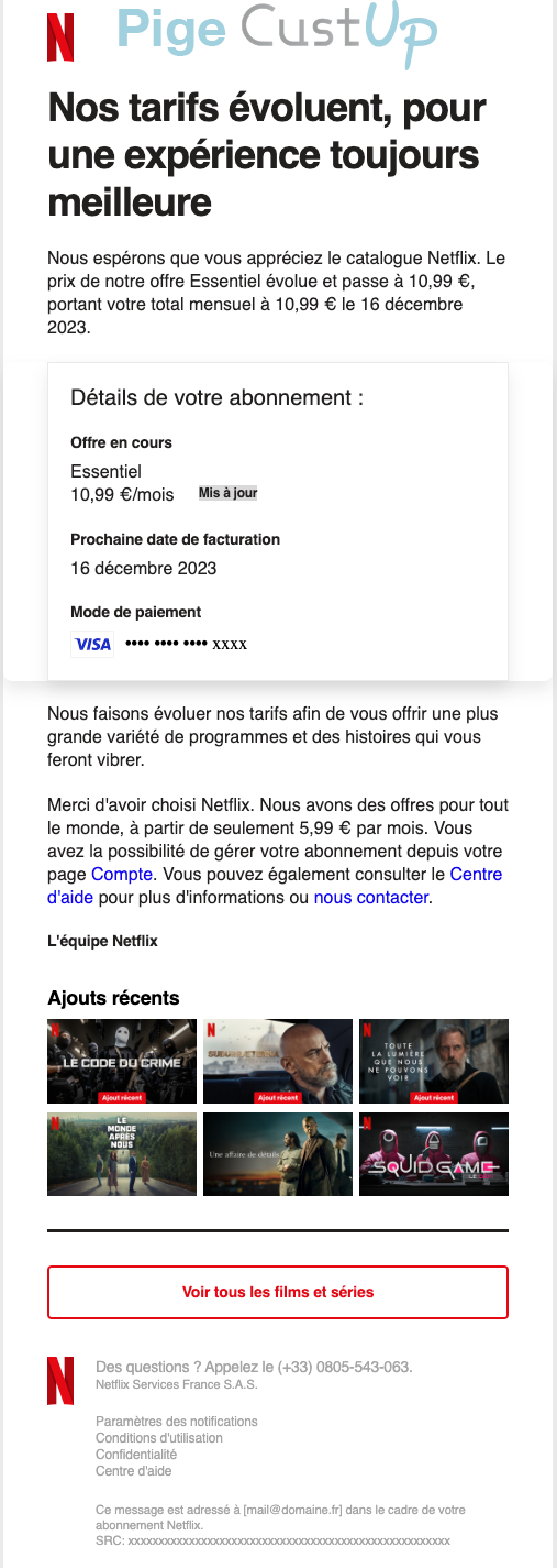 Exemple de Type de media  e-mailing - Netflix - Service Clients - Hausse des tarifs